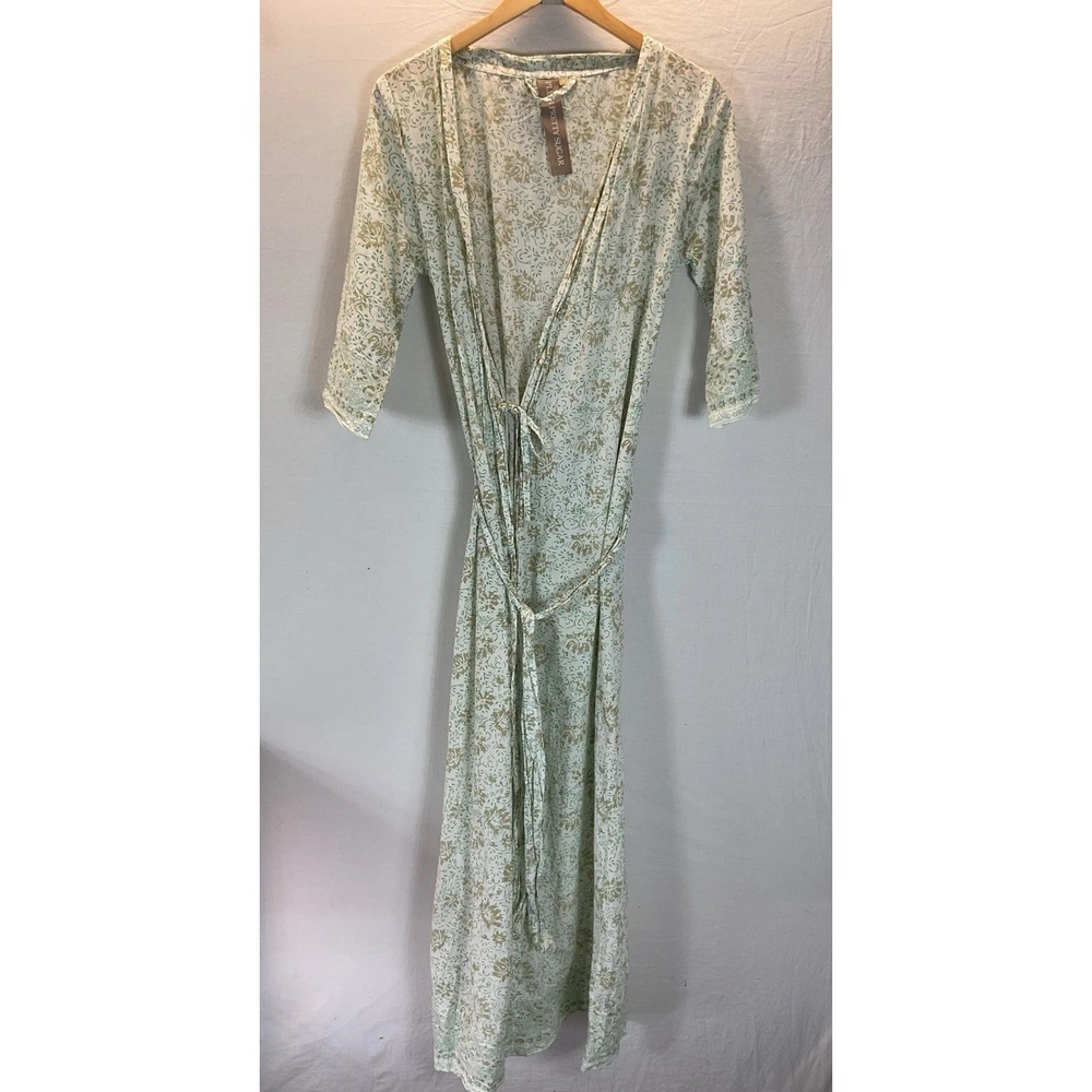 Plum Pretty Sugar Women's green Floral Long Lightweight Robe‎ Sz S Waist Tie